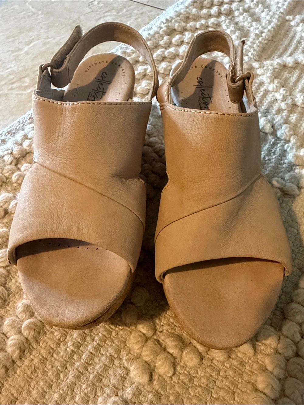 Clark’s collection annadel Beige Cork Wedge Sandals comfort cushion Open Toe 8.5